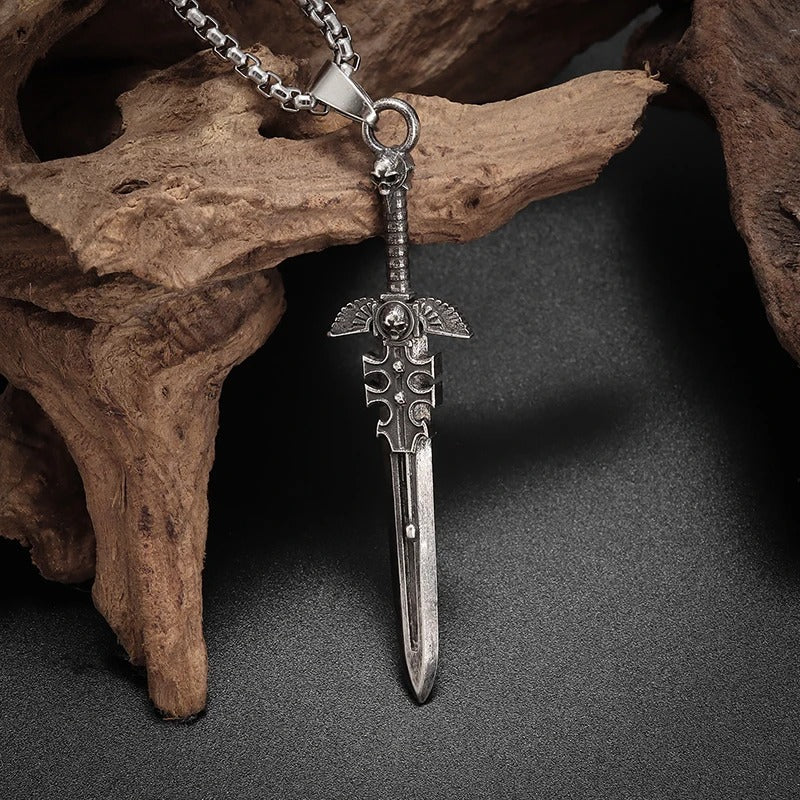 Retro Gothic Skull Angel Holy Sword Pendant Necklace for Men