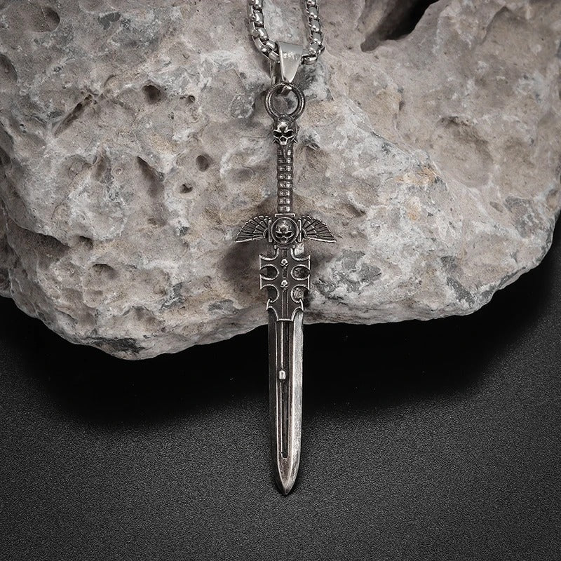 Retro Gothic Skull Angel Holy Sword Pendant Necklace for Men