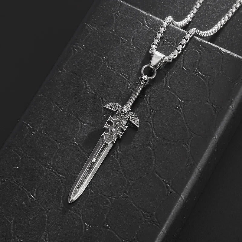 Retro Gothic Skull Angel Holy Sword Pendant Necklace for Men